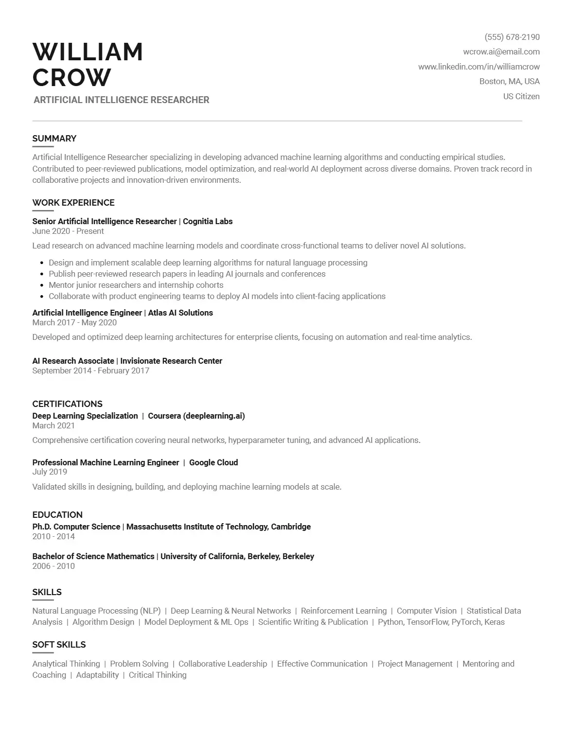Artificial Intelligence Researcher Resume Template