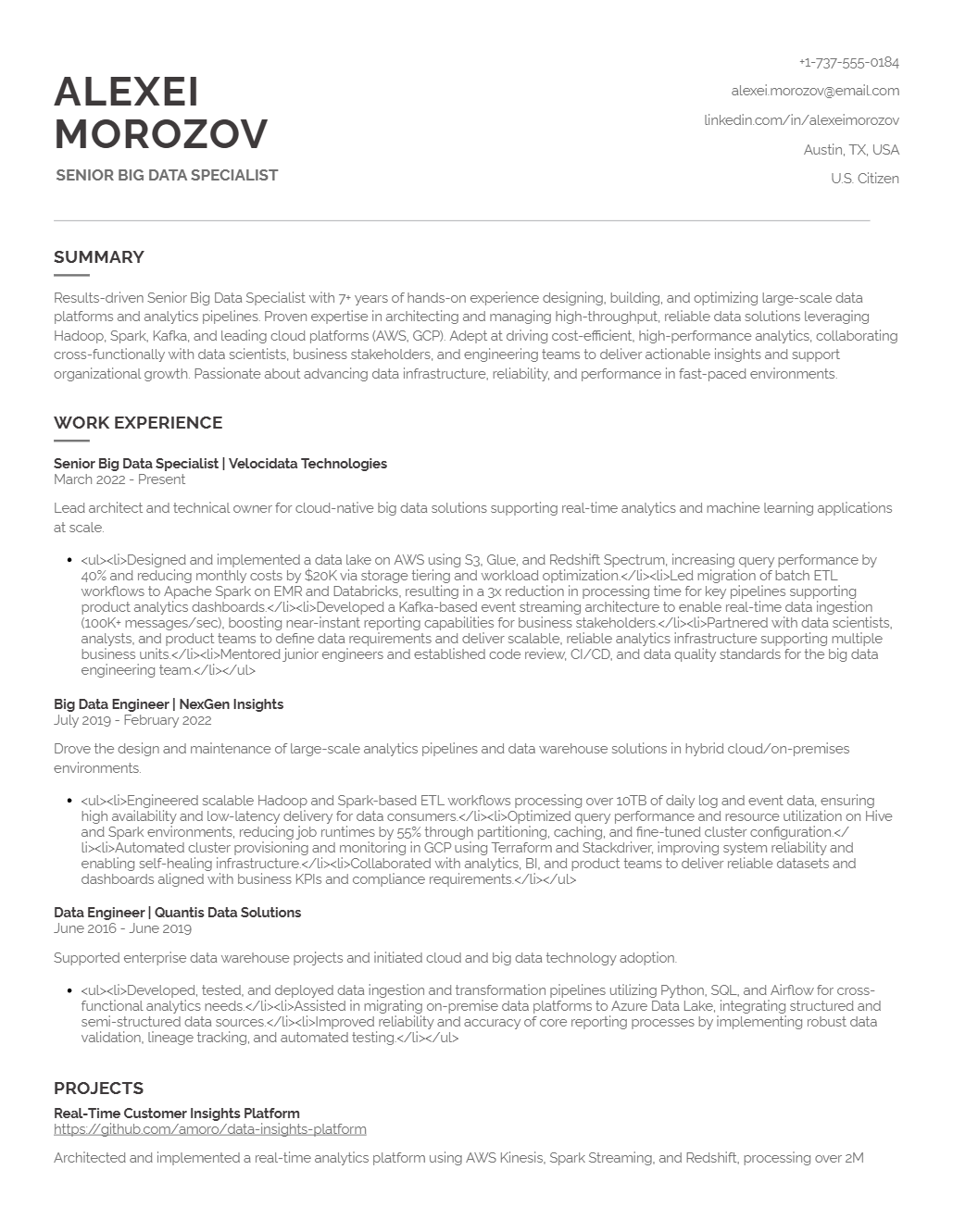 Big Data Specialist Resume Template