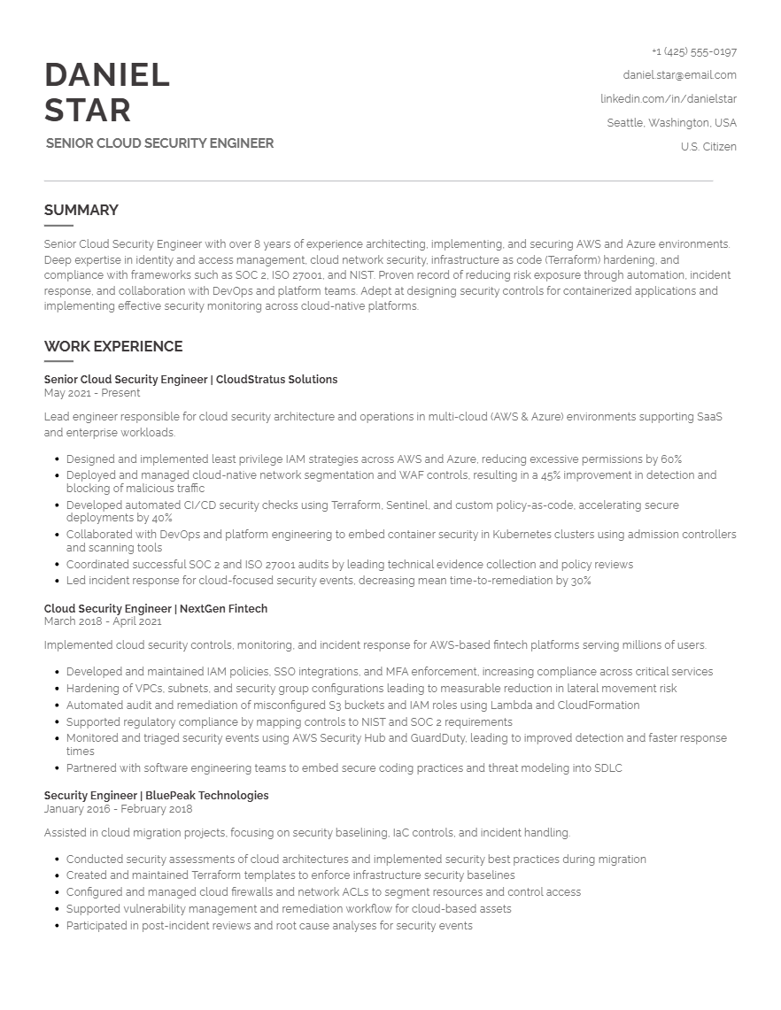 Cloud Security Engineer Resume Example