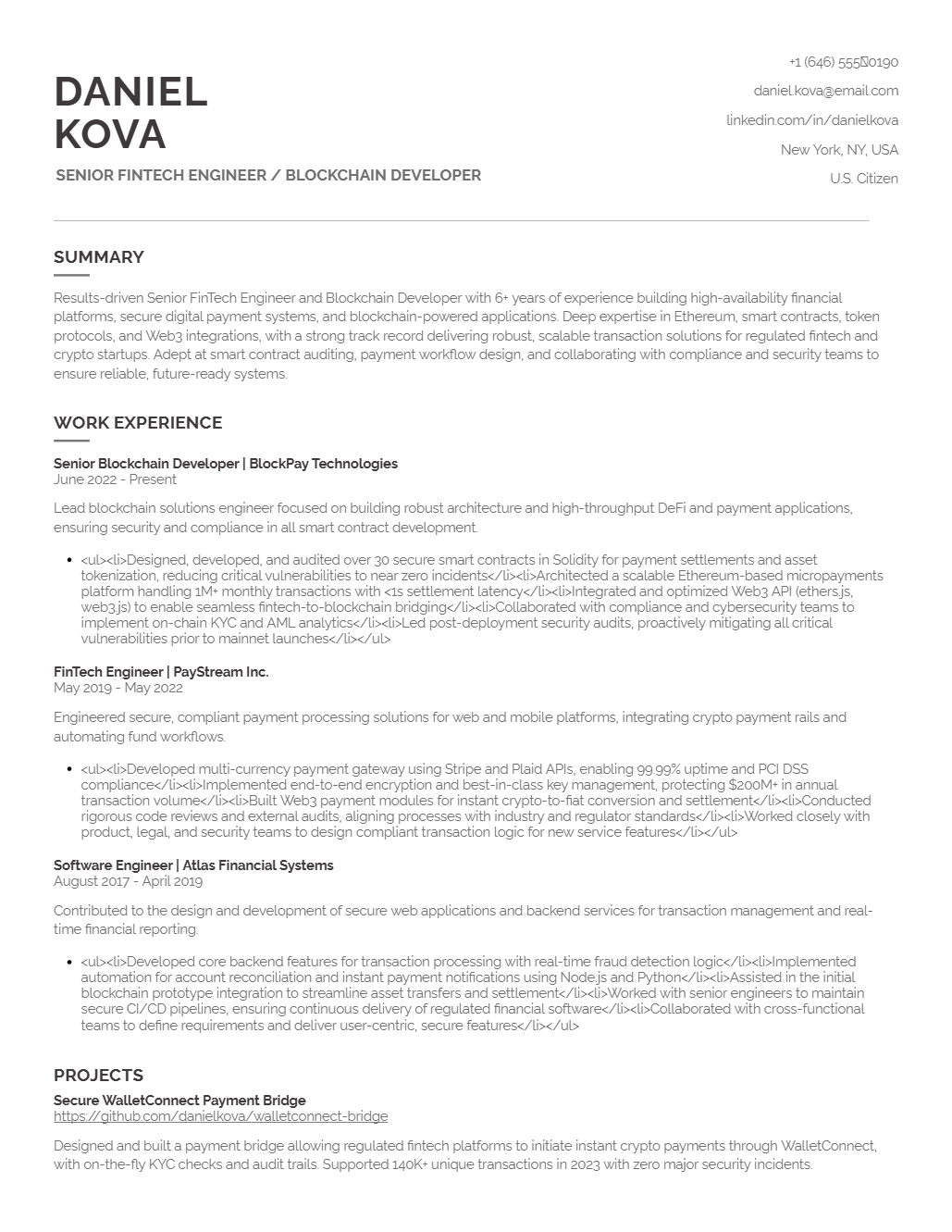 FinTech Engineer / Blockchain Developer Resume Example