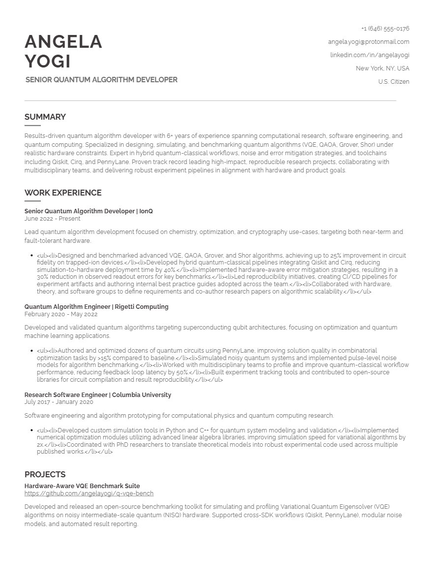Quantum Algorithm Developer Resume Template