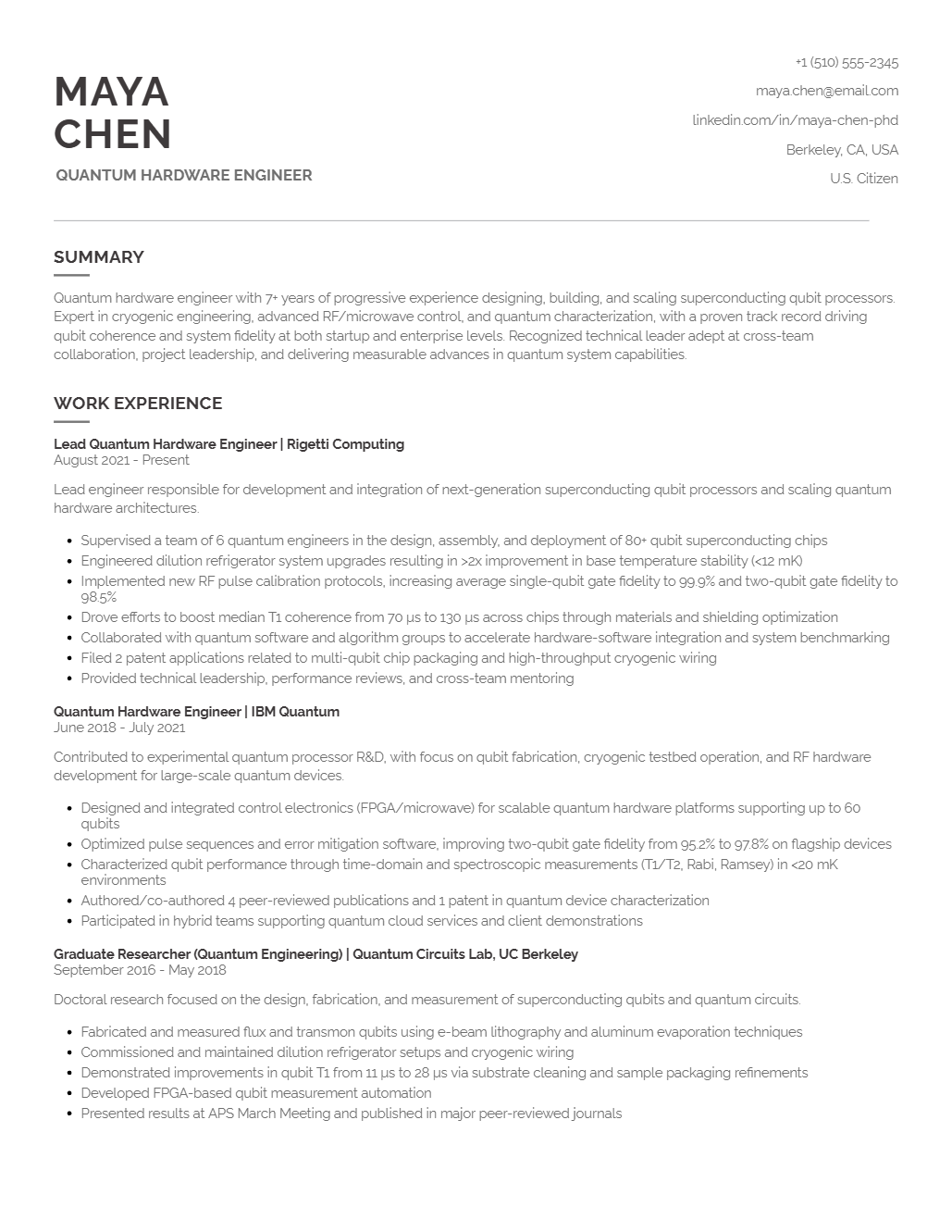 Quantum Hardware Engineer Resume Example