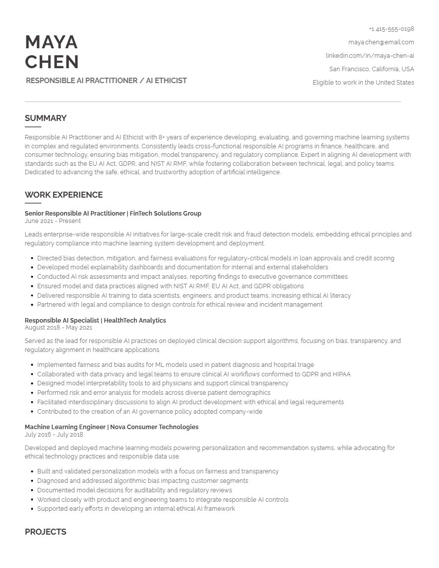 Responsible AI Practitioner / AI Ethicist Resume Example