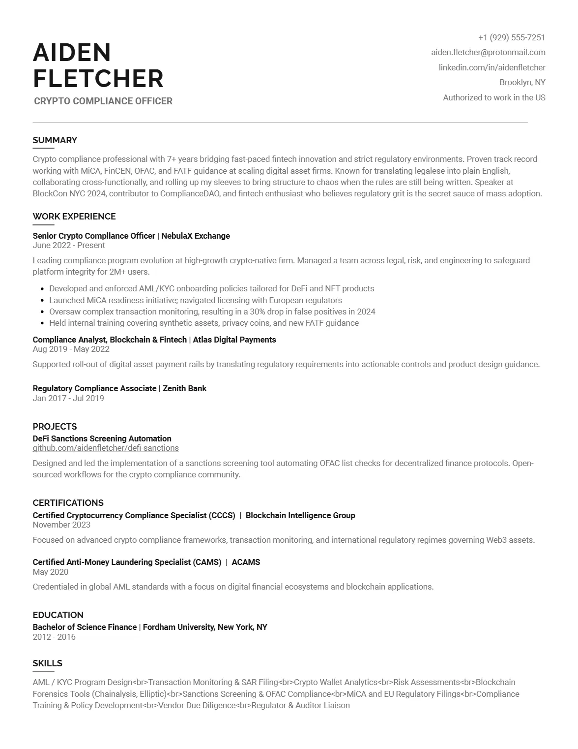 Crypto Compliance Officer Resume Example, Free Template